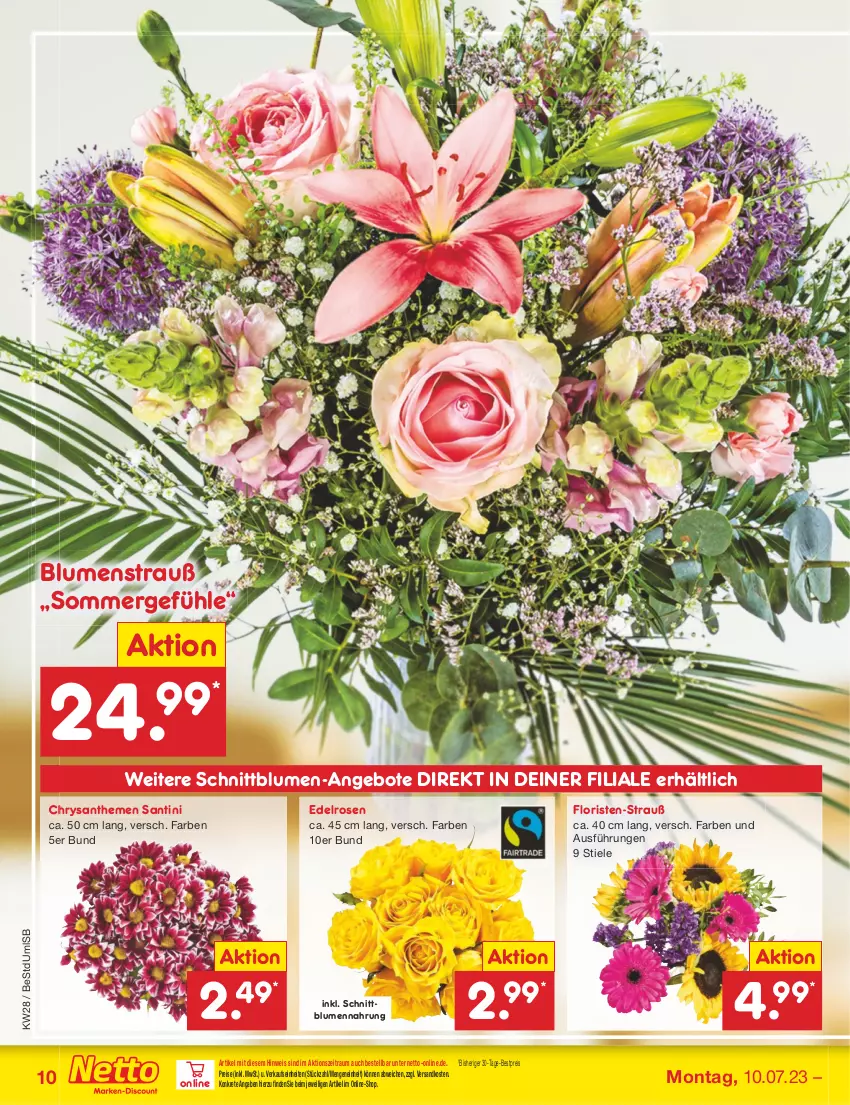 Aktueller Prospekt Netto Marken-Discount - Filial-Angebote - von 10.07 bis 15.07.2023 - strona 10 - produkty: angebot, angebote, bestpreis, blume, blumen, Blumenstrauß, chrysanthemen, eis, ndk, reis, rosen, Ti