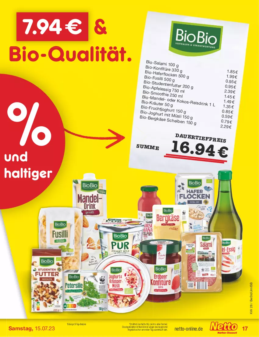 Aktueller Prospekt Netto Marken-Discount - Filial-Angebote - von 10.07 bis 15.07.2023 - strona 17 - produkty: angebot, apfel, bestpreis, bio, biobio, drink, eis, fusilli, hafer, joghur, joghurt, reis, Ti, ZTE