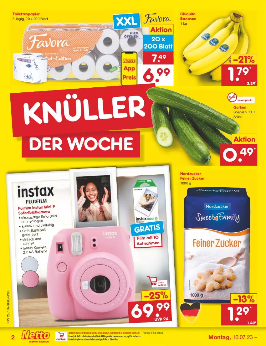 Aktueller Prospekt Netto Marken-Discount - Filial-Angebote - von 10.07 bis 15.07.2023 - strona 2 - produkty: asti, banane, bananen, bestpreis, chiquita, eis, gurke, gurken, kamera, ndk, nordzucker, papier, reis, Ti, toilettenpapier, zucker