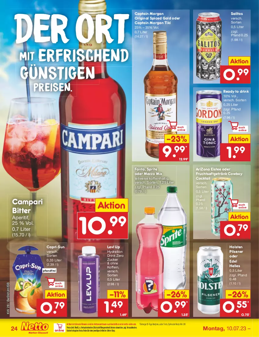 Aktueller Prospekt Netto Marken-Discount - Filial-Angebote - von 10.07 bis 15.07.2023 - strona 24 - produkty: aperitif, bestpreis, campari, Cap, capri-sun, captain morgan, cocktail, drink, eis, eistee, elle, fanta, frucht, fruchtsaft, fruchtsaftgetränk, getränk, gin, holsten, holsten pilsener, Mezzo Mix, ndk, original spiced gold, pils, pilsener, reis, saft, sprite, tee, Ti, zucker