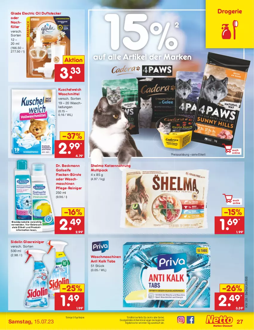 Aktueller Prospekt Netto Marken-Discount - Filial-Angebote - von 10.07 bis 15.07.2023 - strona 27 - produkty: angebot, bestpreis, bio, biozidprodukte, bürste, Dr. Beckmann, eis, Glade, Glasreiniger, katzennahrung, Kuschelweich, Rauch, reiniger, reis, rwe, Seife, sidolin, Ti, waschmaschine, waschmaschinen, waschmittel, ZTE