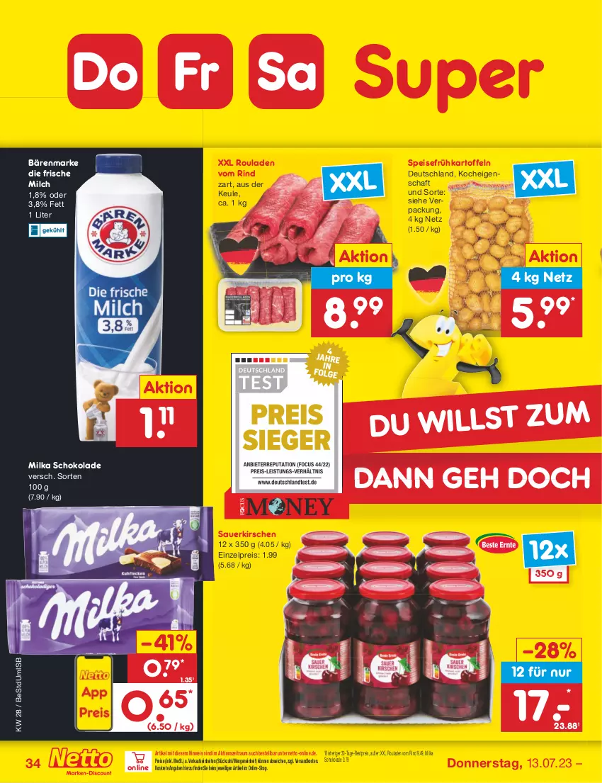 Aktueller Prospekt Netto Marken-Discount - Filial-Angebote - von 10.07 bis 15.07.2023 - strona 34 - produkty: auer, bärenmarke, bestpreis, eis, frische milch, Frühkartoffeln, kartoffel, kartoffeln, kirsch, kirsche, kirschen, milch, milka, milka schokolade, ndk, reis, rind, rouladen, sauerkirschen, schoko, schokolade, speisefrühkartoffeln, Ti