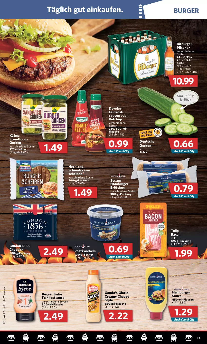 Aktueller Prospekt Combi - Prospekte - von 07.06 bis 11.06.2022 - strona 13 - produkty: bacon, Becher, bitburger, bitburger pils, brötchen, burger, Burger Sauce, cheddar, develey, feinkost, flasche, gouda, gurke, gurken, hamburger, hamburger brötchen, hochland, Käse, käsescheiben, ketchup, Kühne, pils, pilsener, röstzwiebeln, sauce, saucen, Schmelzkäse, sesam, tulip, zwiebel, zwiebeln