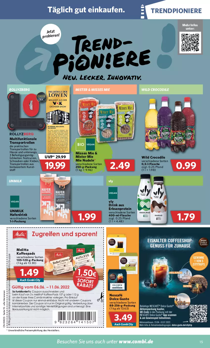 Aktueller Prospekt Combi - Prospekte - von 07.06 bis 11.06.2022 - strona 15 - produkty: bier, Biere, bio, Brei, coupon, coupons, dolce gusto, drink, eis, elle, erbsen, flasche, gin, hafer, Haferdrink, kaffee, kaffee-pads, kaffeepads, melitta, Nescafé, nudel, nudeln, reifen, reis, rwe, schrauben, Sport, teller, Ti, tisch, Wild