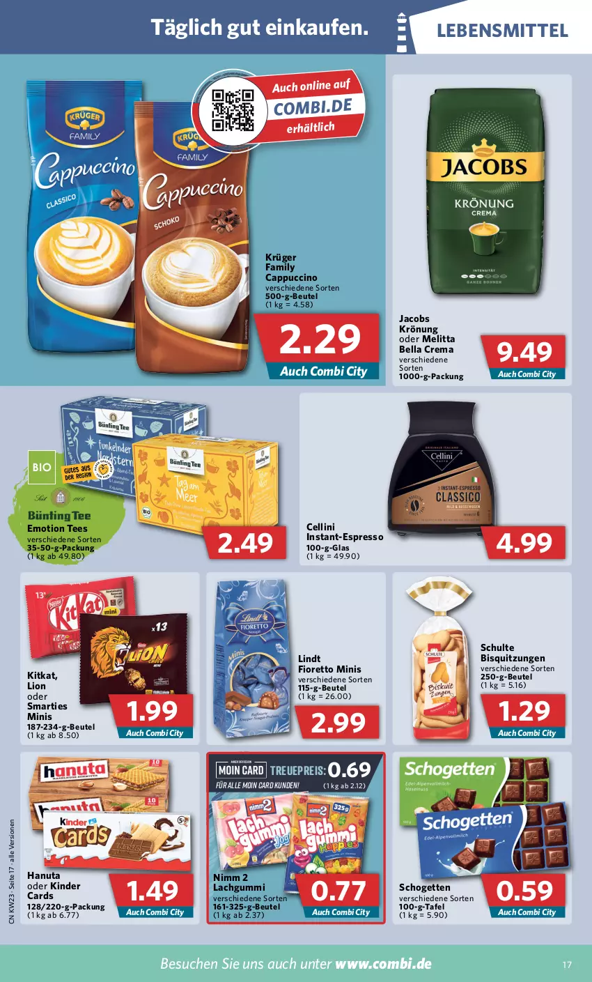 Aktueller Prospekt Combi - Prospekte - von 07.06 bis 11.06.2022 - strona 17 - produkty: bella crema, beutel, Cap, cappuccino, cin, eis, espresso, hanuta, jacobs, jacobs krönung, Kinder, kitkat, krüger, lachgummi, lebensmittel, lindt, lion, melitta, Nimm 2, reis, schogetten, smarties, tee, Ti