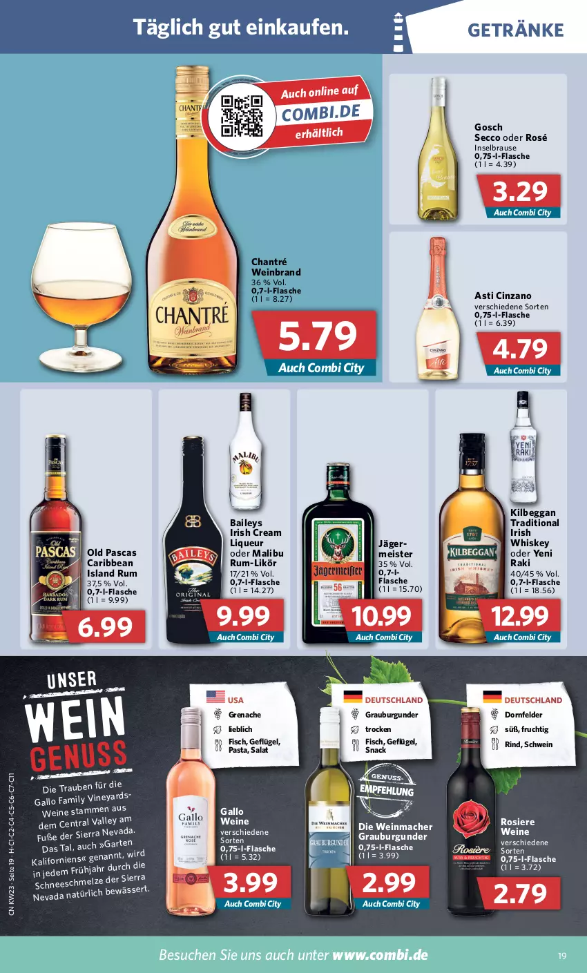 Aktueller Prospekt Combi - Prospekte - von 07.06 bis 11.06.2022 - strona 19 - produkty: asti, baileys, brause, burgunder, chantré, cin, cinzano, dornfelder, ecco, eis, fisch, flasche, frucht, gallo, Garten, Geflügel, Germ, getränk, getränke, grauburgunder, irish cream, irish whiskey, jägermeister, kilbeggan, likör, liqueur, mac, Malibu, Meister, pasta, rind, rum, salat, schwein, Sierra, snack, Ti, trauben, wein, weinbrand, weine, whiskey, yeni raki