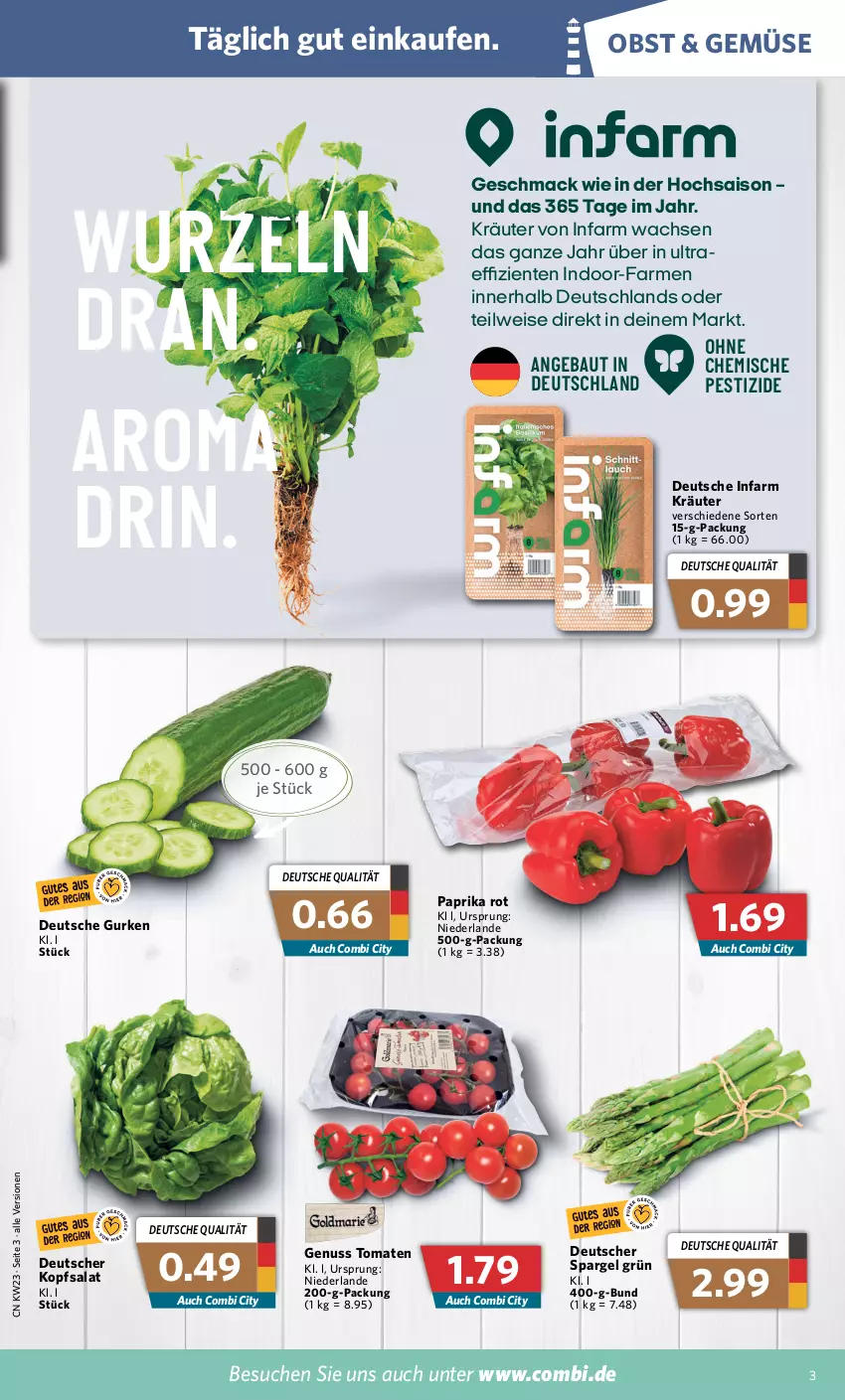 Aktueller Prospekt Combi - Prospekte - von 07.06 bis 11.06.2022 - strona 3 - produkty: Bau, deutscher spargel, eis, ente, gurke, gurken, kopfsalat, kräuter, mac, nuss, obst, paprika, paprika rot, salat, spargel, spargel grün, Ti, tomate, tomaten