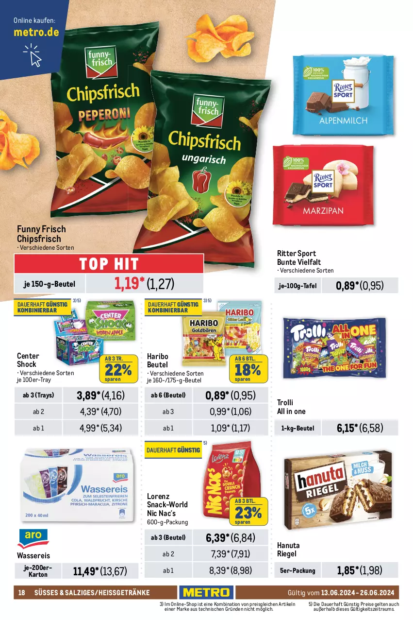 Aktueller Prospekt Metro - Food-NonFood - von 13.06 bis 26.06.2024 - strona 18 - produkty: auer, beutel, bihophar, bohne, café royal, caffè crema, chips, chipsfrisch, corny, eduscho, eis, ente, espresso, Funny Frisch, getränk, getränke, Gläser, hanuta, haribo, honig, kaffee, langnese, lorenz, Metro, mövenpick, müsli, nespresso, reis, riegel, ritter, ritter sport, röstkaffee, salz, snack, Sport, Ti, trolli, wasser, wassereis