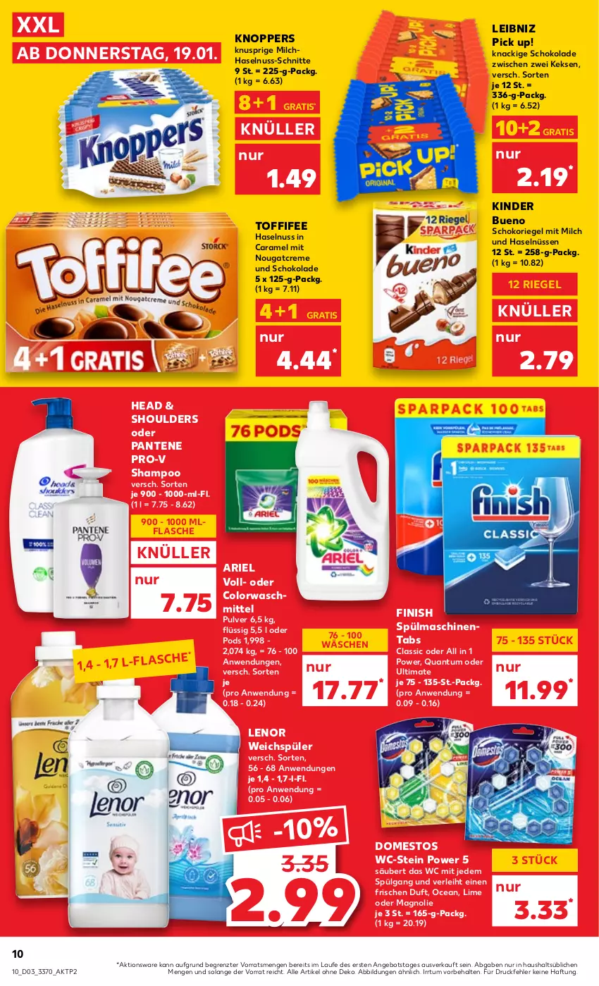 Aktueller Prospekt Kaufland - von 19.01 bis 25.01.2023 - strona 10 - produkty: angebot, ariel, caramel, colorwaschmittel, creme, domestos, Finish, flasche, haselnuss, keks, kekse, Kinder, kinder bueno, knoppers, leibniz, lenor, lenor weichspüler, LG, milch, Nougatcreme, nuss, pantene, pantene pro-v, Pick Up!, Pods, pro-v, riegel, schoko, schokolade, schokoriegel, shampoo, spülmaschinen, spülmaschinentabs, Ti, toffifee, waschmittel, weichspüler, ZTE