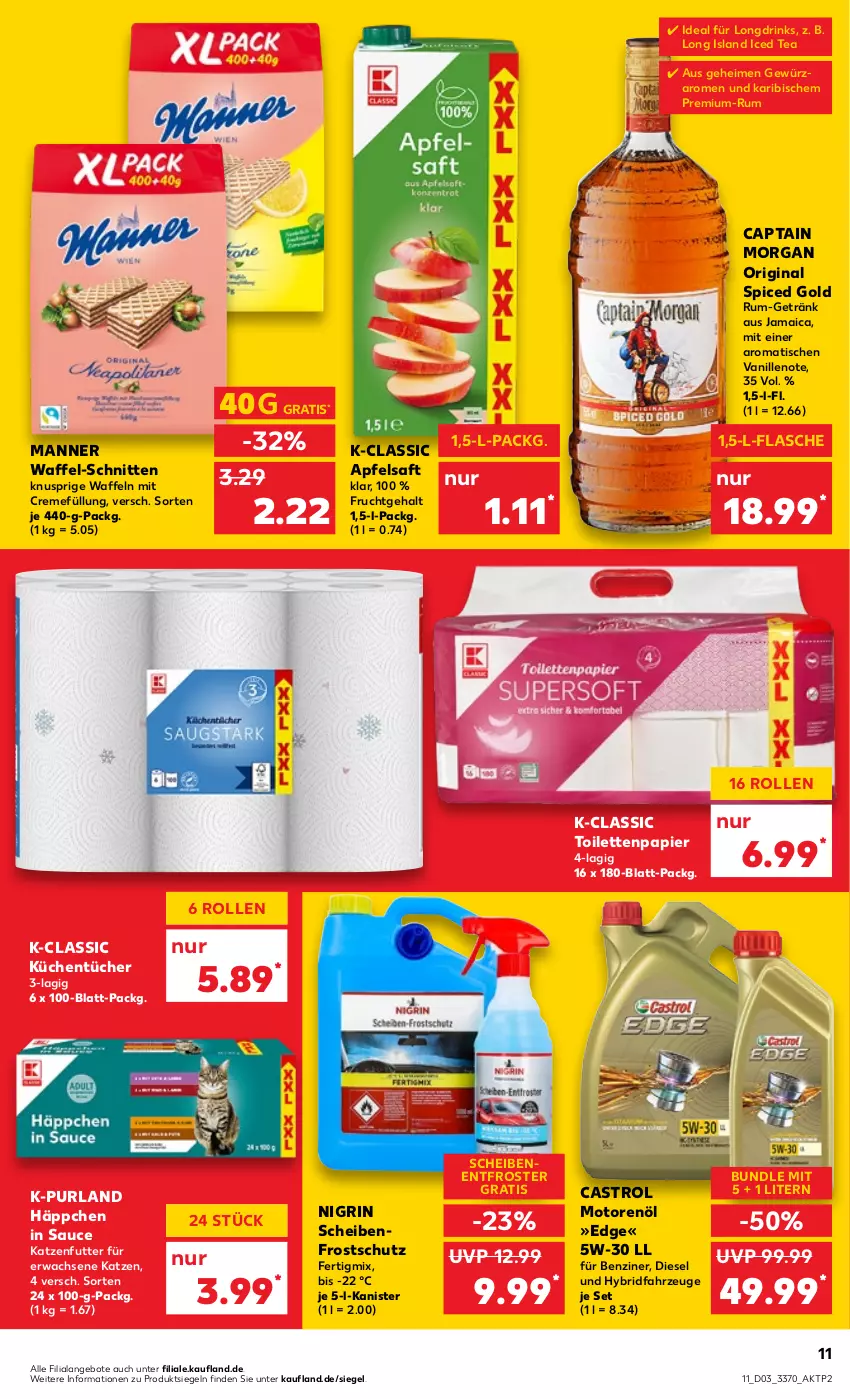 Aktueller Prospekt Kaufland - von 19.01 bis 25.01.2023 - strona 11 - produkty: angebot, angebote, apfel, apfelsaft, Cap, captain morgan, creme, Diesel, drink, drinks, flasche, frucht, getränk, gewürz, gin, katzenfutter, küche, Küchen, küchentücher, Manner, motorenöl, Nigrin, original spiced gold, papier, purland, rum, saft, sauce, Scheibenfrostschutz, schnitten, Ti, tisch, toilettenpapier, tücher, vanille, waffeln