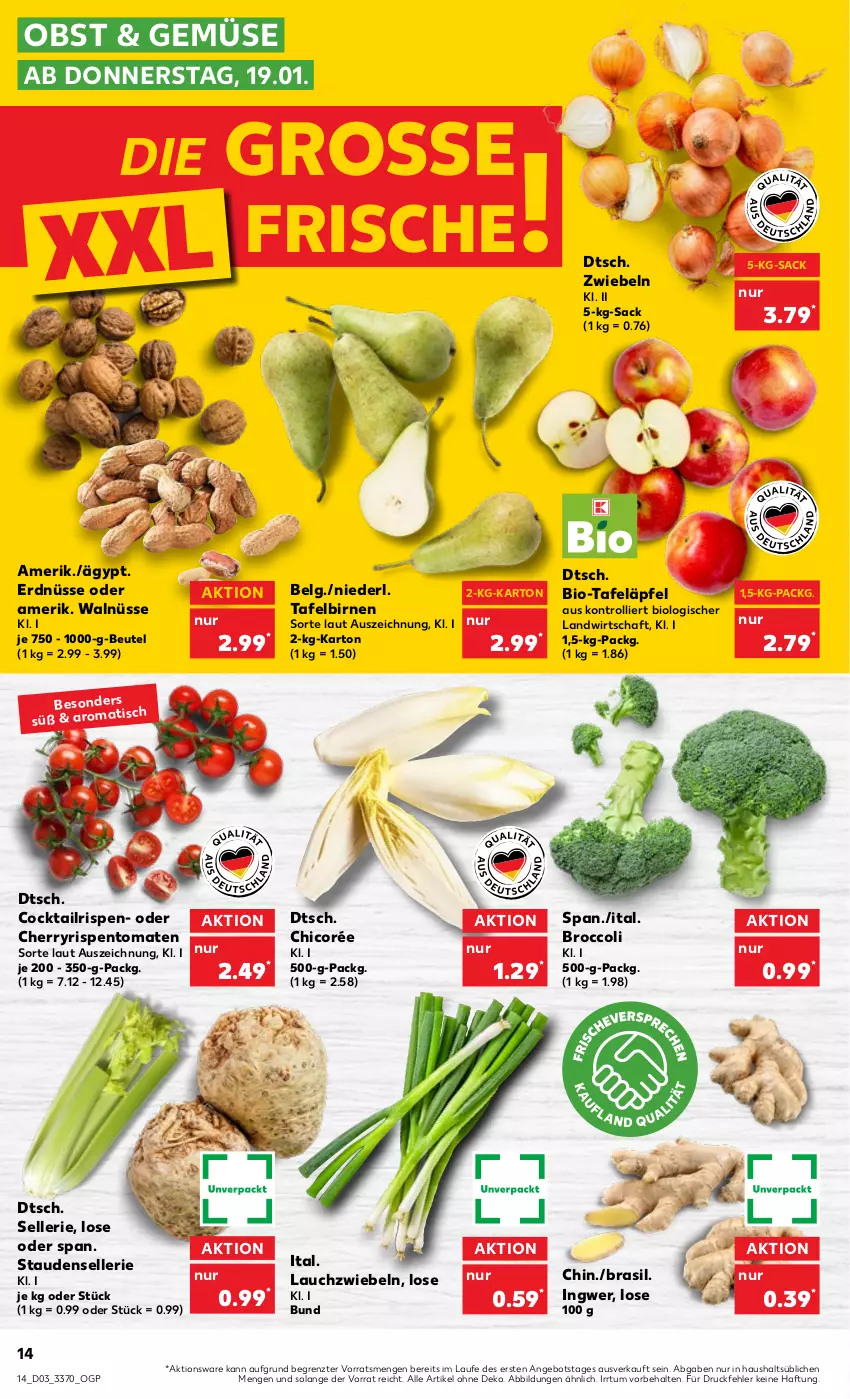 Aktueller Prospekt Kaufland - von 19.01 bis 25.01.2023 - strona 14 - produkty: angebot, beutel, bio, Birnen, broccoli, cocktail, elle, erdnüsse, ingwer, Lauchzwiebel, lauchzwiebeln, LG, obst, rispentomaten, sac, stauden, tafeläpfel, tafelbirnen, Ti, tomate, tomaten, trolli, ZTE, zwiebel, zwiebeln