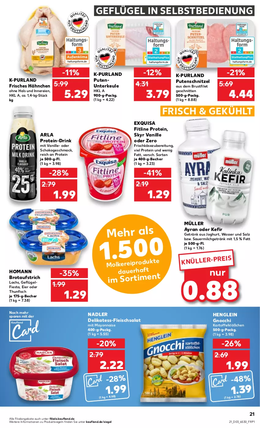 Aktueller Prospekt Kaufland - von 19.01 bis 25.01.2023 - strona 21 - produkty: angebot, angebote, arla, auer, aufstrich, Ayran, Becher, brot, brotaufstrich, brustfilet, drink, eier, eis, exquisa, filet, fisch, fitline, fleisch, fleischsalat, frischkäse, frischkäsezubereitung, Geflügel, getränk, gnocchi, henglein, homann, joghur, joghurt, kartoffel, Käse, Kefir, lachs, mac, mayonnaise, milch, Müller, nadler, purland, pute, putenschnitzel, salat, salz, schnitten, schnitzel, schoko, Skyr, thunfisch, Ti, vanille, wasser, Yo