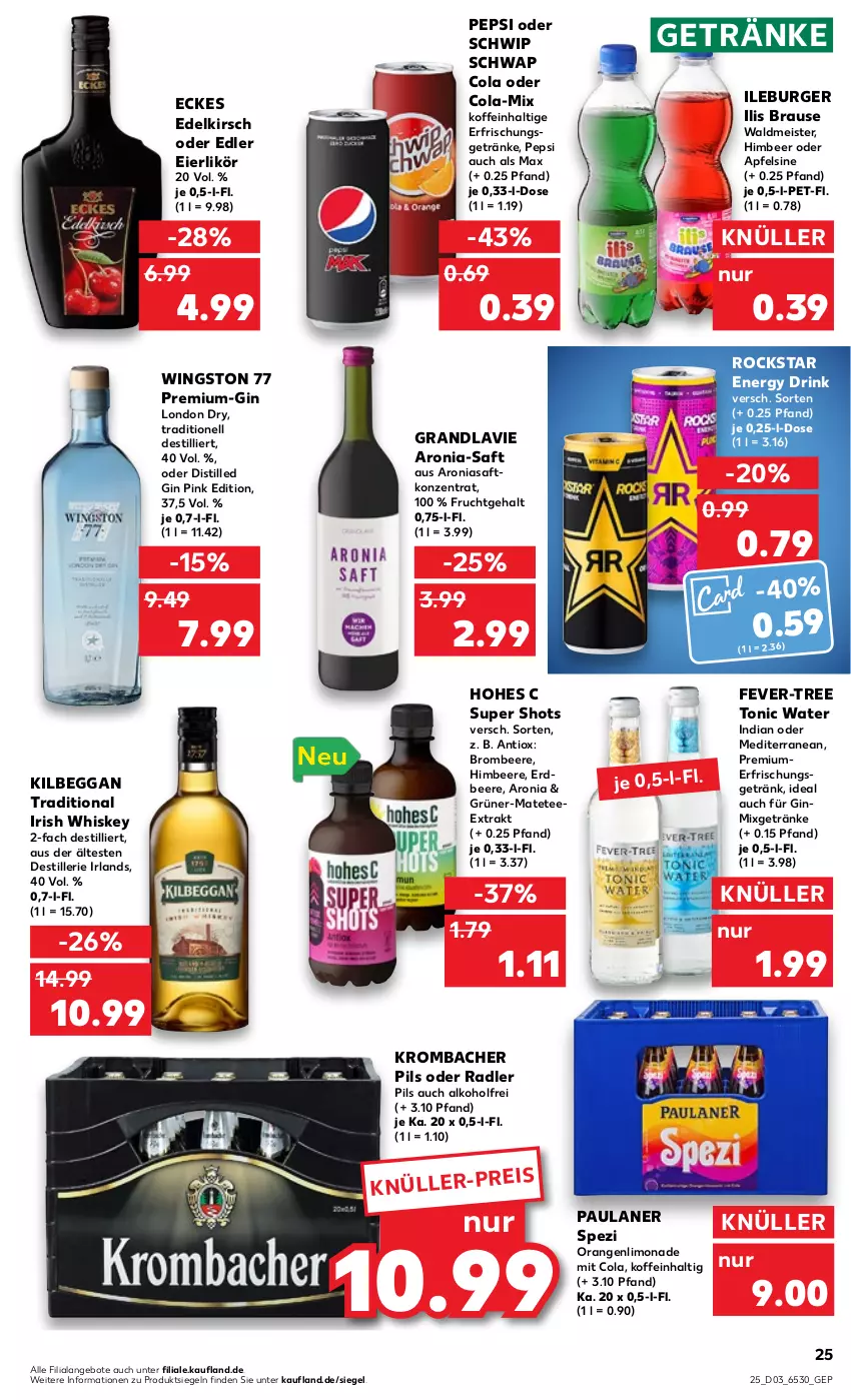 Aktueller Prospekt Kaufland - von 19.01 bis 25.01.2023 - strona 25 - produkty: alkohol, angebot, angebote, apfel, beere, brause, brombeere, burger, cola, drink, eier, eierlikör, eis, energy drink, fever-tree, frucht, getränk, getränke, gin, himbeer, himbeere, Hohes C, irish whiskey, kilbeggan, kirsch, krombache, krombacher, krombacher pils, likör, limo, limonade, london dry, Meister, Mixgetränk, oder radler, orange, orangen, Paula, paulaner, pepsi, pils, radler, Rockstar, saft, Schwip Schwap, Spezi, tee, Ti, tonic, tonic water, waldmeister, whiskey