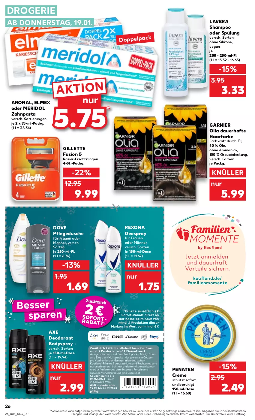 Aktueller Prospekt Kaufland - von 19.01 bis 25.01.2023 - strona 26 - produkty: aktionspreis, angebot, auer, axe, body, bodyspray, Brei, coupon, creme, deo, deodorant, deospray, dove, dusche, eis, elmex, ente, garnier, gillette, kraft, lavera, meridol, pasta, penaten, pflegedusche, reis, rexona, shampoo, shampoo oder spülung, sofort-rabatt, spülung, Ti, zahnpasta, ZTE