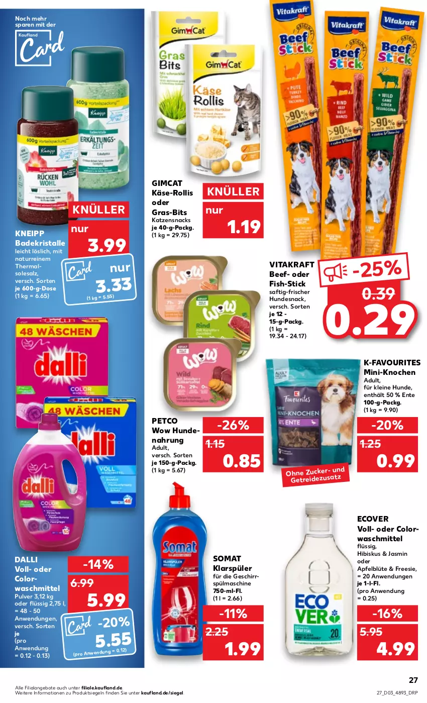 Aktueller Prospekt Kaufland - von 19.01 bis 25.01.2023 - strona 27 - produkty: angebot, angebote, apfel, Bad, Badekristalle, beef, Blüte, colorwaschmittel, dalli, ente, geschirr, hundenahrung, hundesnack, Käse, katzensnack, katzensnacks, klarspüler, kneipp, kraft, leine, natur, saft, salz, snack, snacks, somat, Ti, vita, vitakraft, waschmittel, zucker