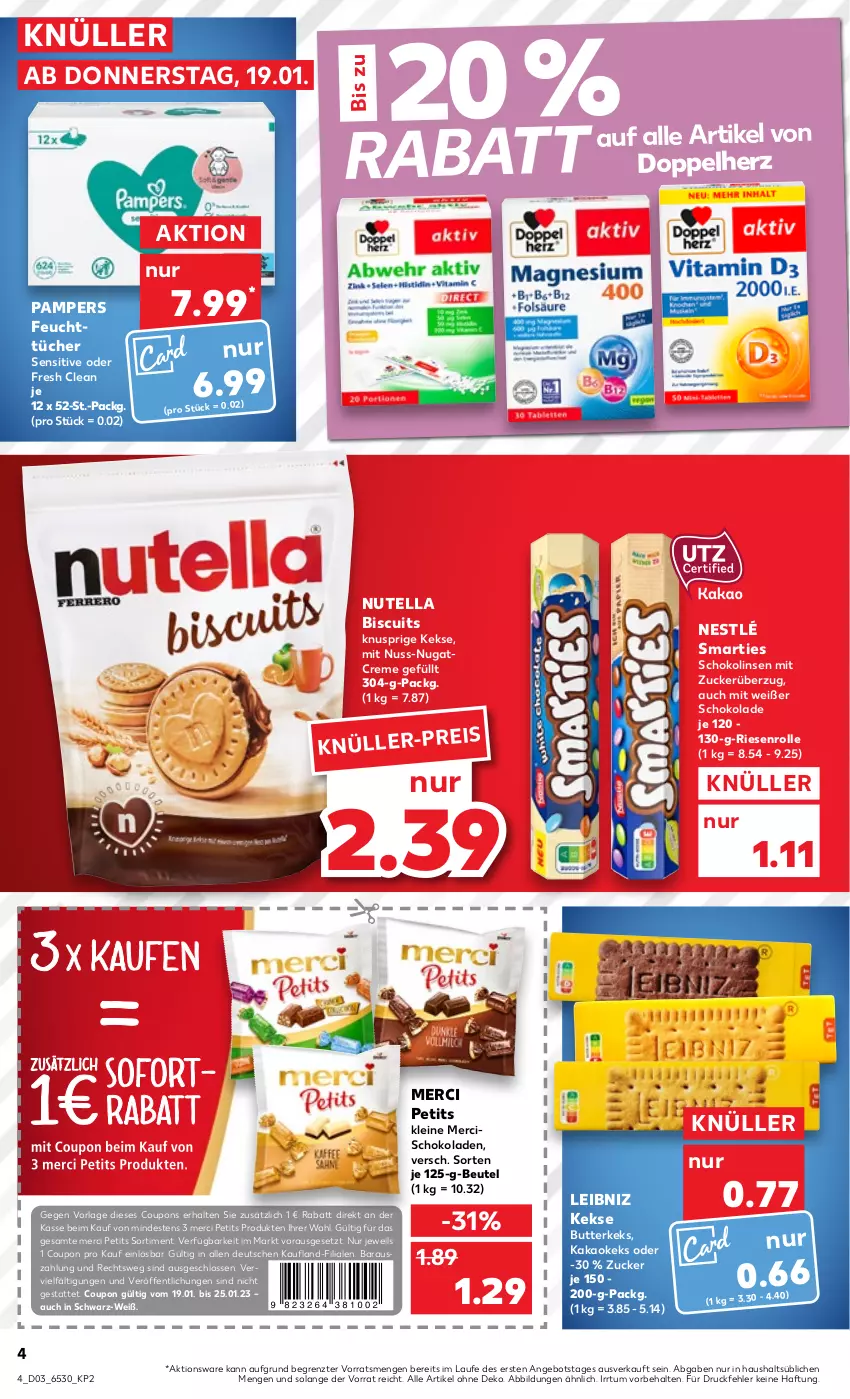 Aktueller Prospekt Kaufland - von 19.01 bis 25.01.2023 - strona 4 - produkty: angebot, beutel, butter, butterkeks, coupon, coupons, creme, doppelherz, eis, feuchttücher, kakao, keks, kekse, leibniz, leine, linsen, merci, nestlé, nuss, nutella, pampers, schoko, schokolade, schokoladen, Schokolinsen, smarties, Ti, tücher, ZTE, zucker