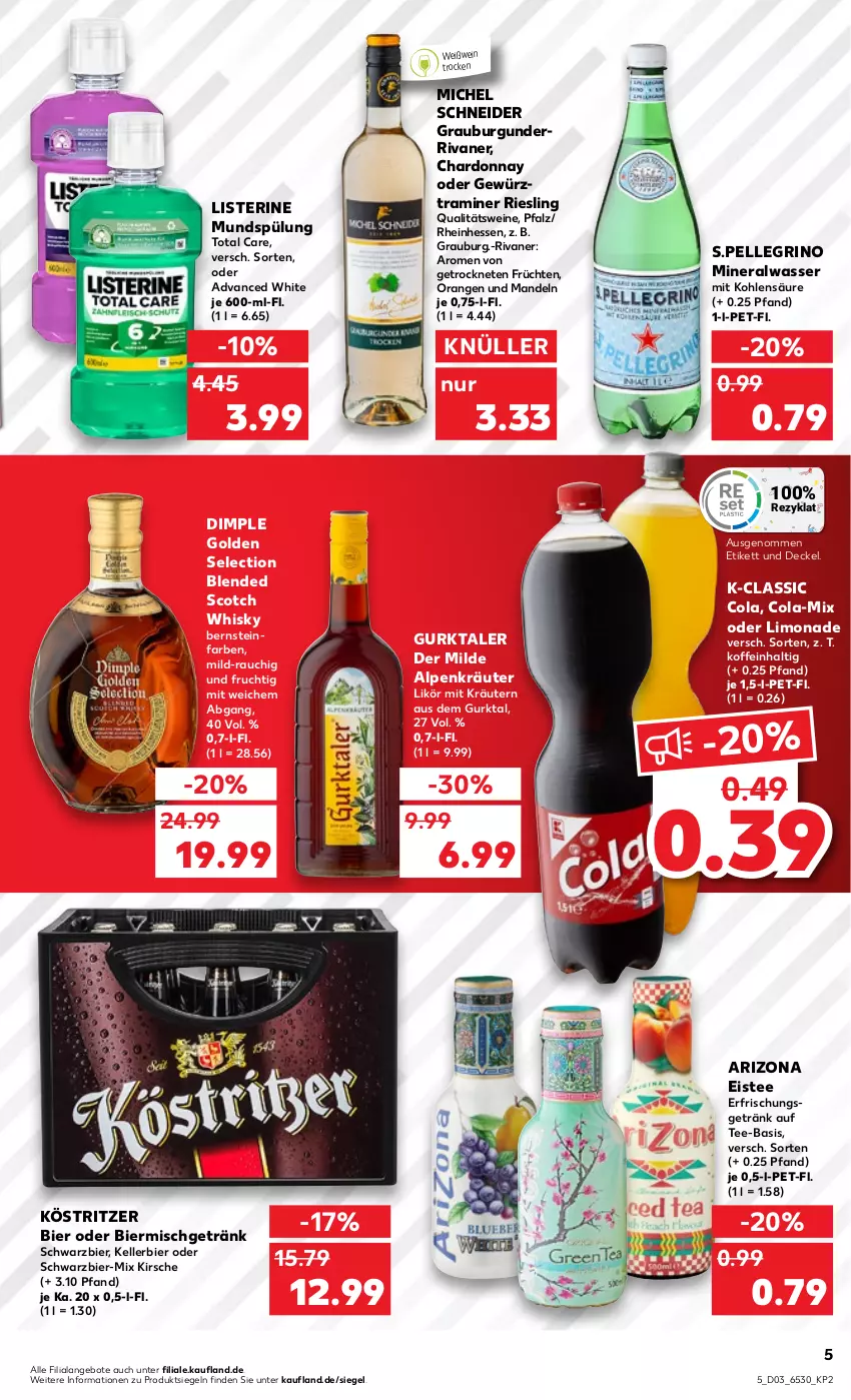 Aktueller Prospekt Kaufland - von 19.01 bis 25.01.2023 - strona 5 - produkty: Alwa, angebot, angebote, bier, blended scotch, blended scotch whisky, burgunder, chardonnay, cola, decke, Deckel, eis, eistee, elle, frucht, früchte, früchten, getränk, gewürz, grauburgunder, Gurktaler, kellerbier, kirsch, kirsche, köstritzer, kräuter, kräutern, likör, limo, limonade, listerine, mandel, mandeln, Michel Schneider, mineralwasser, mundspülung, orange, orangen, qualitätswein, qualitätsweine, Rauch, riesling, Rivaner, scotch, scotch whisky, spülung, tee, Ti, total care, wasser, wein, weine, Weißwein, whisky