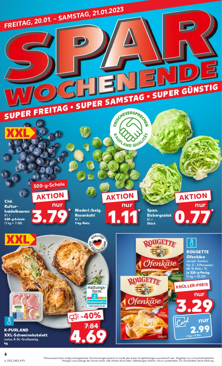 Aktueller Prospekt Kaufland - von 19.01 bis 25.01.2023 - strona 6 - produkty: angebot, beere, beeren, eis, eisbergsalat, heidelbeere, heidelbeeren, Käse, kotelett, LG, natur, Ofen, Ofenkäse, purland, rosen, Rosenkohl, rouge, rougette, salat, Schal, Schale, schwein, schweine, schweinekotelett, Ti, wein, weine, ZTE