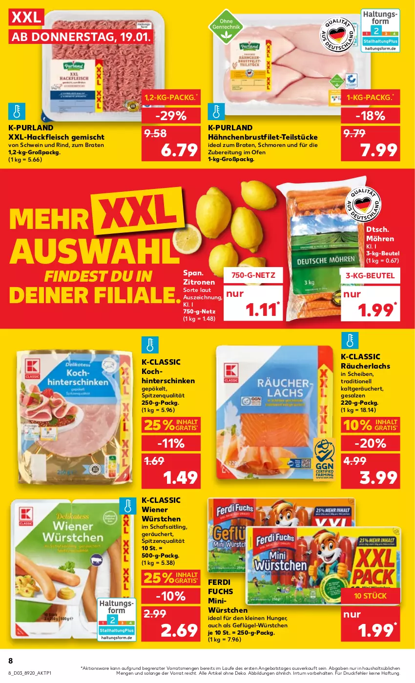 Aktueller Prospekt Kaufland - von 19.01 bis 25.01.2023 - strona 8 - produkty: angebot, beutel, braten, brustfilet, eis, ferdi fuchs, filet, fleisch, Geflügel, hackfleisch, hackfleisch gemischt, hähnchenbrust, hähnchenbrustfilet, hinterschinken, ideal zum braten, lachs, leine, möhren, Ofen, purland, Räucherlachs, rind, salz, schinken, schwein, schwein und rind, spitzenqualität, Ti, wein, wiener, wiener würstchen, würstchen, zitrone, zitronen, ZTE