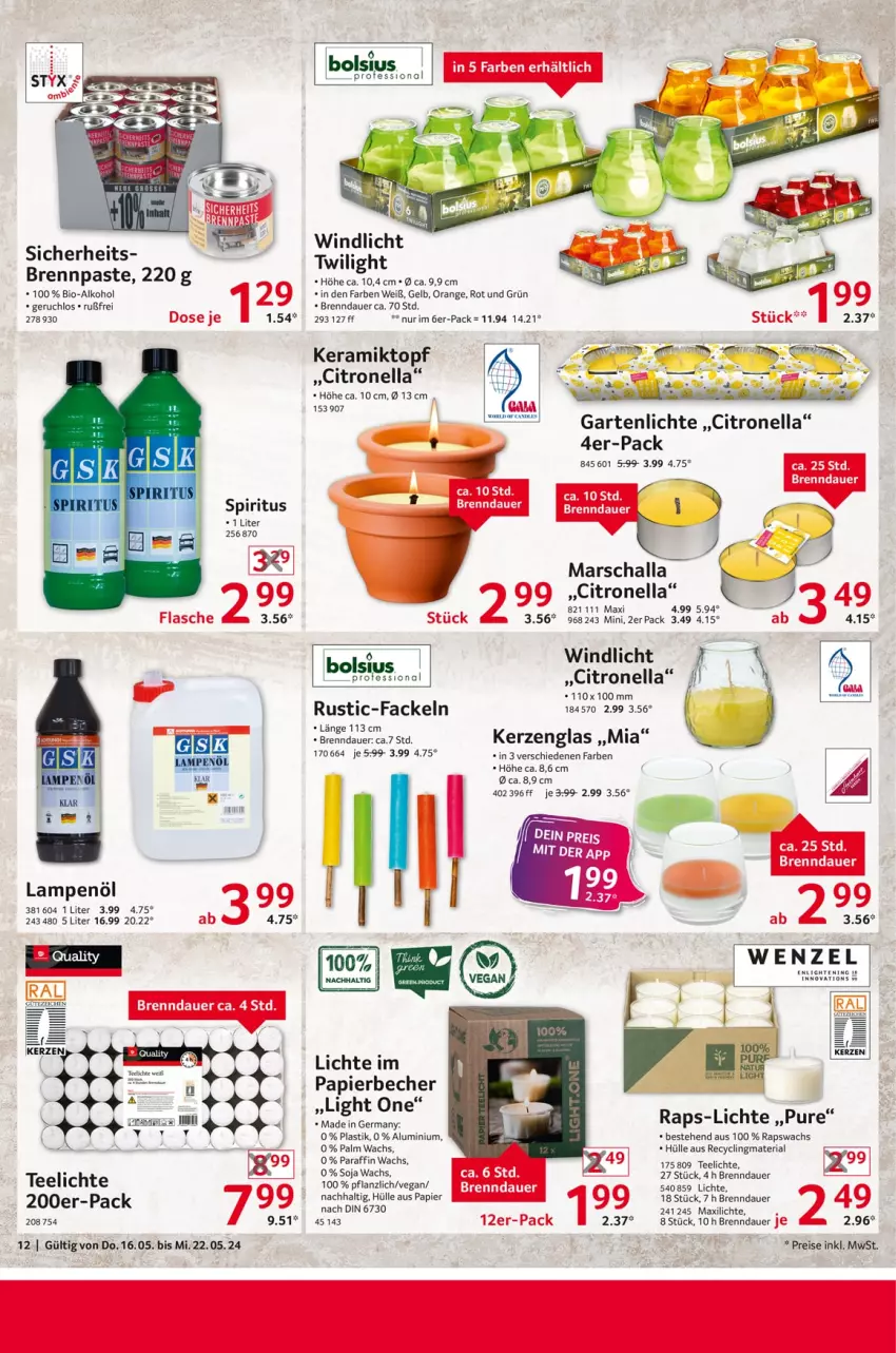 Aktueller Prospekt Selgros - Non Food - von 16.05 bis 22.05.2024 - strona 12 - produkty: alkohol, asti, auer, Becher, bio, Brennpaste, Clin, eis, Garten, Germ, kerze, Lampe, mars, orange, papier, recyclingmaterial, reis, Ria, Schal, soja, spiritus, tee, Teelicht, teelichte, Ti, topf, windlicht