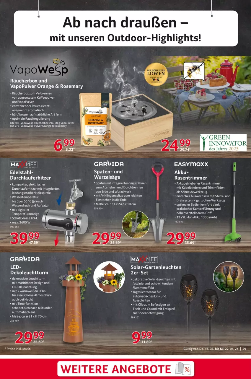 Aktueller Prospekt Selgros - Non Food - von 16.05 bis 22.05.2024 - strona 29 - produkty: akku, angebot, angebote, Astra, auto, beleuchtung, easymaxx, edelstahl, eis, erde, lamm, led-beleuchtung, Leuchte, leuchten, LG, orange, rasen, rasentrimmer, Rauch, reis, säge, Schal, Spaten, Ti, timer, tisch, wasser, werkzeug, Yo