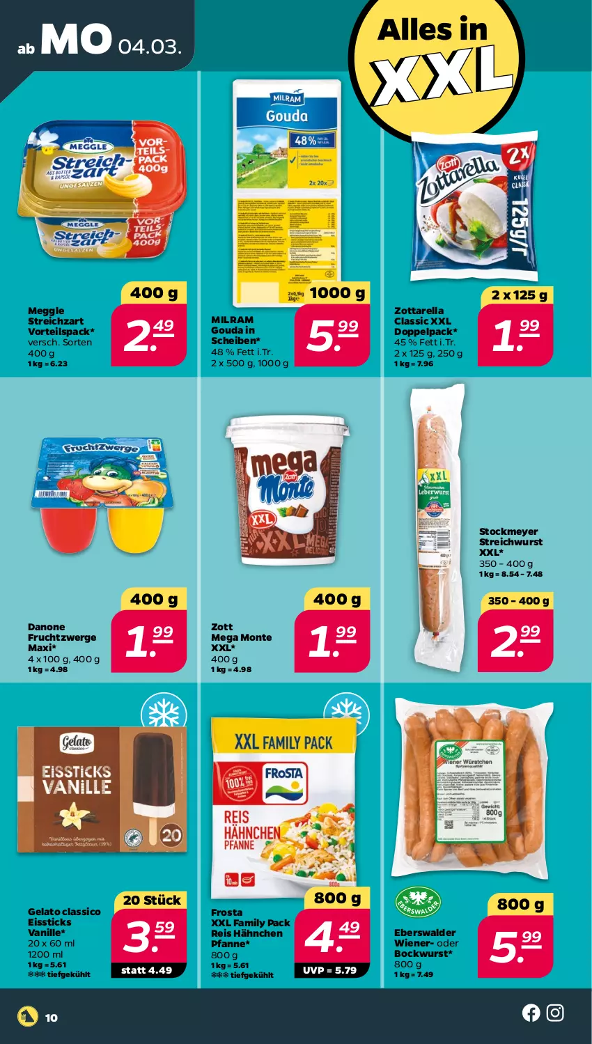 Aktueller Prospekt Netto - Woche 10 - von 04.03 bis 09.03.2024 - strona 10 - produkty: bockwurst, classico, danone, danone fruchtzwerge, eis, frosta, frucht, fruchtzwerge, gouda, meggle, milram, monte, pfanne, reis, rel, stockmeyer, Streichzart, Ti, vanille, wiener, wurst, zott, zottarella