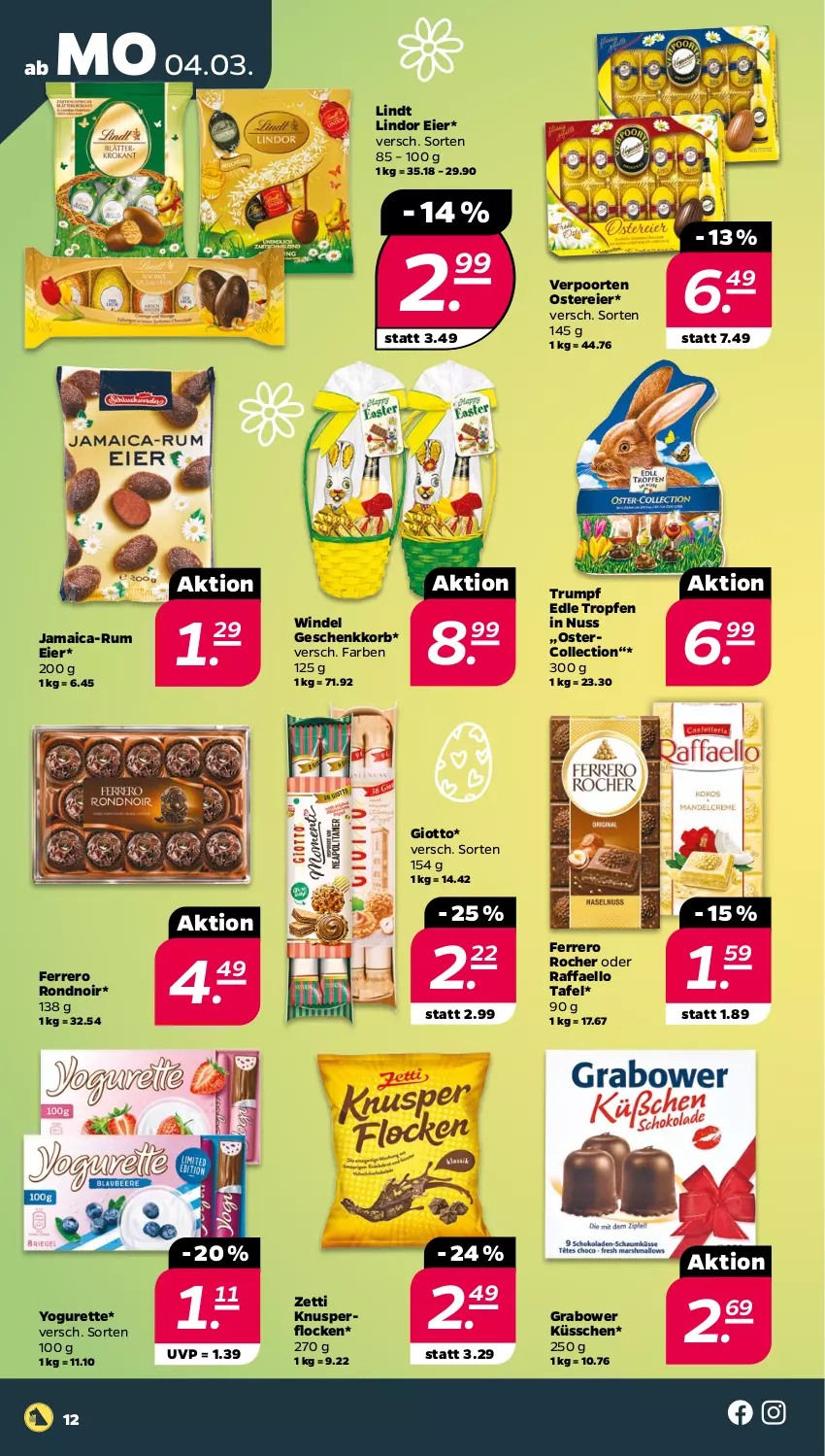 Aktueller Prospekt Netto - Woche 10 - von 04.03 bis 09.03.2024 - strona 12 - produkty: eier, ferrero, Ferrero Rocher, giotto, Knusperflocken, korb, lindor, lindt, nuss, raffaello, rum, Ti, verpoorten, Yo, yogurette