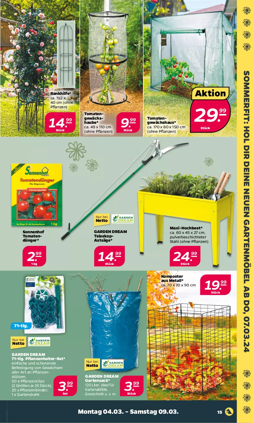 Aktueller Prospekt Netto - Woche 10 - von 04.03 bis 09.03.2024 - strona 15 - produkty: Draht, dünger, Garten, gartenmöbel, Gartensack, Gewächshaus, Komposter, LG, möbel, pflanze, pflanzen, sac, säge, Teleskop, Ti, tomate, tomaten