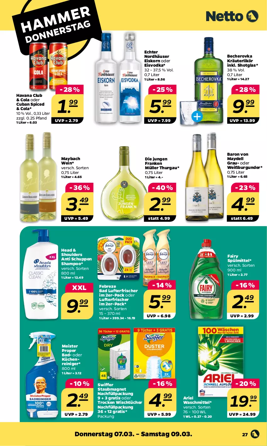 Aktueller Prospekt Netto - Woche 10 - von 04.03 bis 09.03.2024 - strona 27 - produkty: ariel, ariel waschmittel, Bad, Becher, Becherovka, burgunder, cola, dell, eis, fairy, febreze, Havana Club, hero, korn, kräuter, kräuterlikör, küche, Küchen, likör, lufterfrischer, maybach, Meister, meister proper, Müller, reiniger, shampoo, Shotglas, spülmittel, staubmagnet, swiffer, Ti, tücher, vodka, waschmittel, wein, Weißburgunder