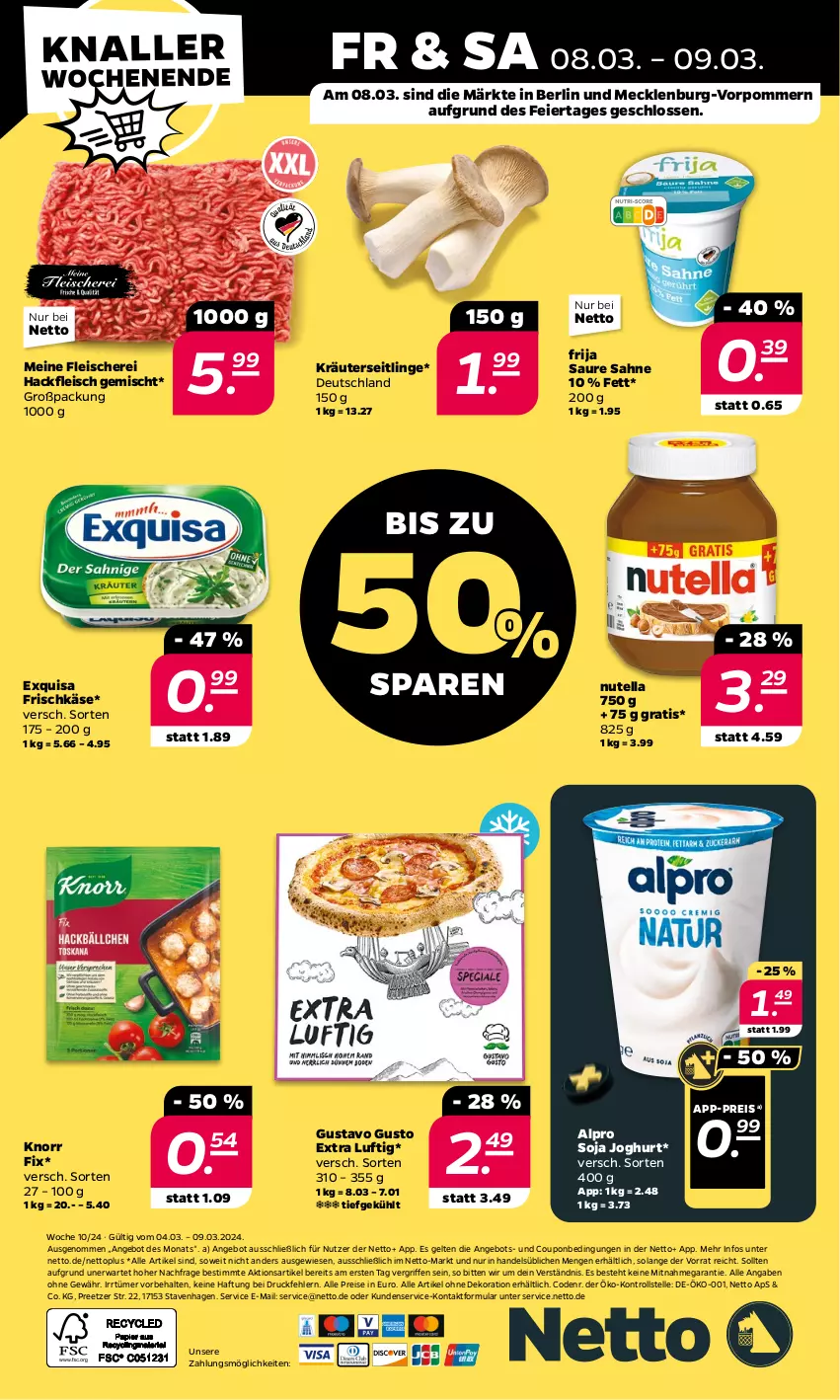 Aktueller Prospekt Netto - Woche 10 - von 04.03 bis 09.03.2024 - strona 28 - produkty: alle artikel ohne dekoration, alpro, angebot, coupon, dekoration, eier, eis, elle, exquisa, exquisa frischkäse, fleisch, Fleischerei, frischkäse, hackfleisch, hackfleisch gemischt, joghur, joghurt, Käse, knorr, knorr fix, kräuter, Kräuterseitlinge, nutella, reis, sahne, Schere, soja, Ti