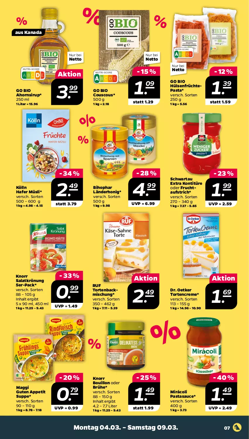 Aktueller Prospekt Netto - Woche 10 - von 04.03 bis 09.03.2024 - strona 7 - produkty: aufstrich, backmischung, bihophar, bio, Brühe, couscous, creme, Dr. Oetker, frucht, fruchtaufstrich, früchte, hafer, honig, hülsenfrüchte, knorr, kölln, maggi, Mirácoli, müsli, pasta, salat, salatkrönung, sauce, Schwartau, senf, sirup, suppe, Ti, torte