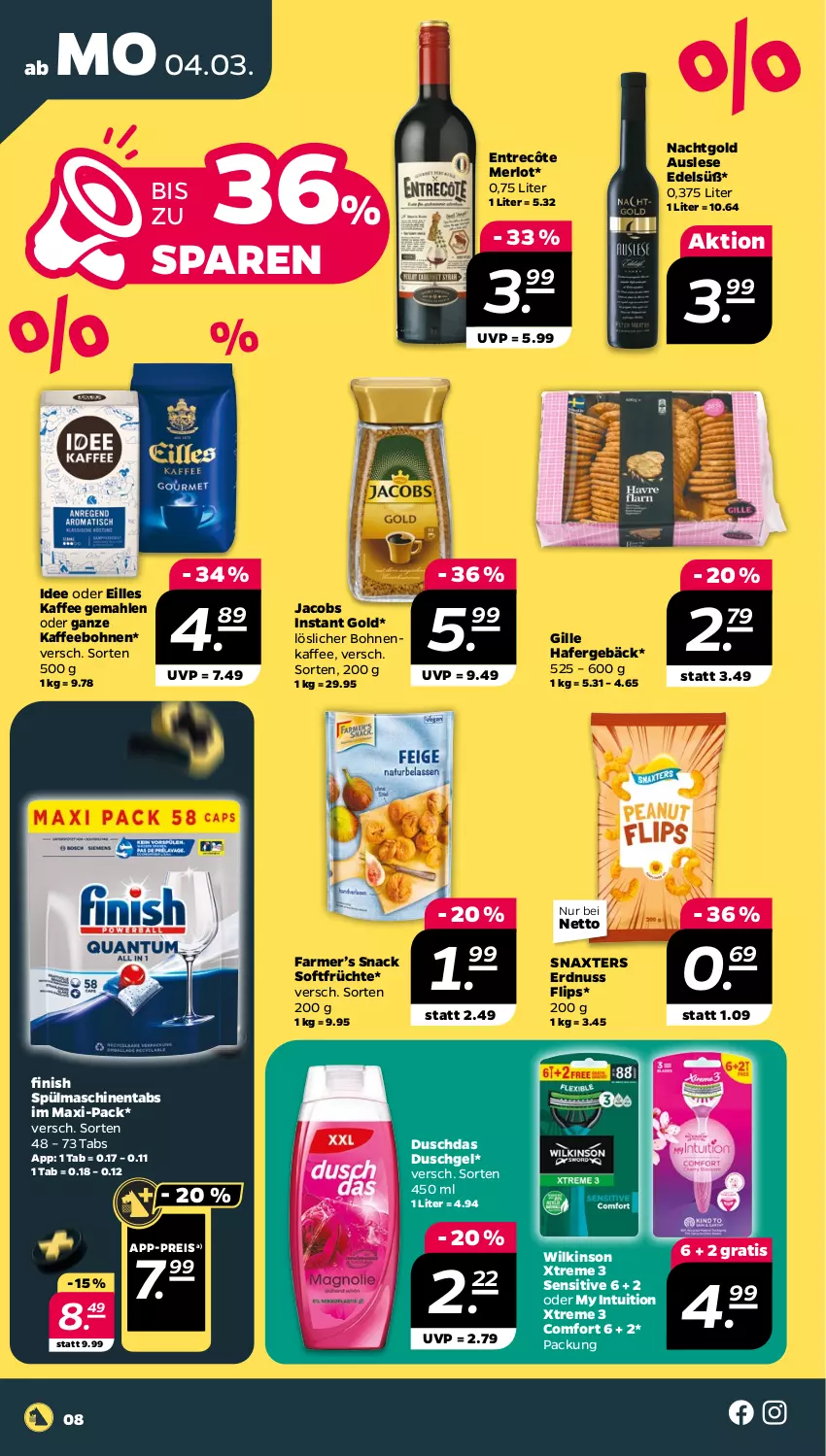 Aktueller Prospekt Netto - Woche 10 - von 04.03 bis 09.03.2024 - strona 8 - produkty: bohne, bohnen, bohnenkaffee, duschdas, duschgel, eis, entrecôte, erdnuss, Finish, früchte, hafer, jacobs, kaffee, kaffeebohnen, löslicher bohnenkaffee, merl, merlot, nuss, reis, snack, spülmaschinen, spülmaschinentabs, Ti, wilkinson