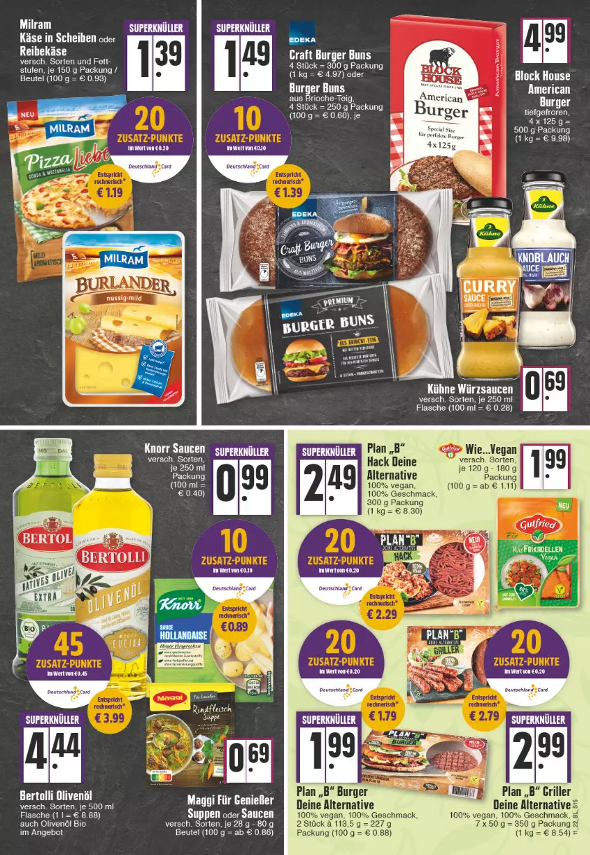 Aktueller Prospekt Edeka - Angebote der Woche - von 14.03 bis 19.03.2022 - strona 15 - produkty: angebot, bertolli, beutel, bio, burger, burger buns, Dior, elle, flasche, grill, Käse, Kühne, mac, milram, olive, oliven, olivenöl, Reibekäse, sauce, saucen, suppe, suppen, Ti, würzsauce, würzsaucen