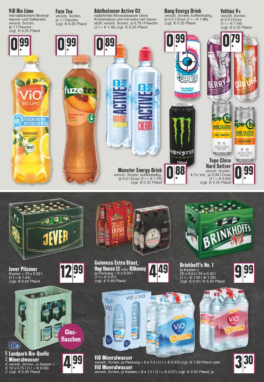 Aktueller Prospekt Edeka - Angebote der Woche - von 14.03 bis 19.03.2022 - strona 18 - produkty: adelholzener, Alwa, auer, bio, bio limo, drink, elle, energy drink, flasche, fuze tea, Guinness, Holz, limo, mineralwasser, monster, Monster Energy, natürliches mineralwasser, saft, spee, Ti, Topo Chico, veltins, vio bio limo, wasser