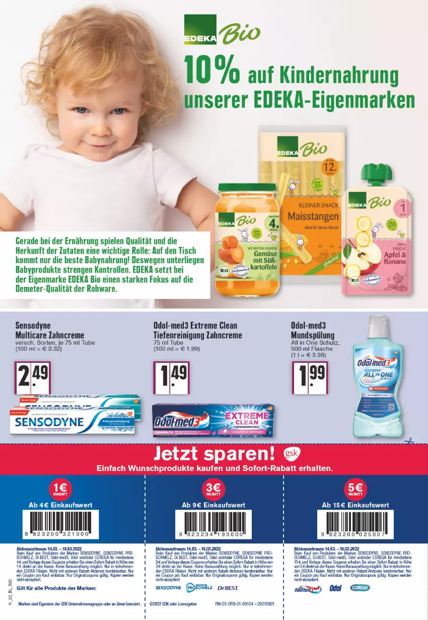 Aktueller Prospekt Edeka - Angebote der Woche - von 14.03 bis 19.03.2022 - strona 20 - produkty: Babynahrung, bio, coupon, coupons, creme, deka, edeka bio, erde, flasche, gin, Kinder, Kindernahrung, leine, Liege, mais, mundspülung, Odol, Reinigung, sensodyne, snack, sofort-rabatt, Spiele, spülung, Ti, tisch, zahncreme