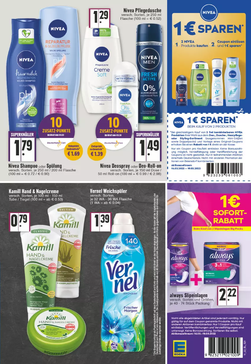 Aktueller Prospekt Edeka - Angebote der Woche - von 14.03 bis 19.03.2022 - strona 21 - produkty: Alwa, Always, angebot, angebotspreis, coupon, coupons, creme, deo, deospray, deutschlandcard, dusche, eier, eis, ente, flasche, gin, haarpflege, HP, Kamill, LG, nivea, pflegedusche, reis, roll-on, shampoo, shampoo oder spülung, slip, slipeinlagen, spülung, Ti, Tiere, vernel, weichspüler