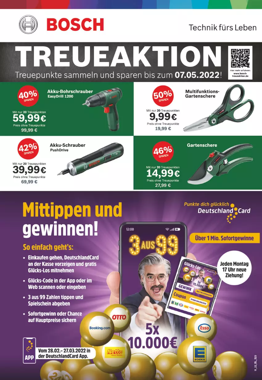 Aktueller Prospekt Edeka - Angebote der Woche - von 14.03 bis 19.03.2022 - strona 23 - produkty: akku, akku-bohrschrauber, Bohrschrauber, bosch, eis, Garten, Gartenschere, LG, reis, Schere, Ti, uhr