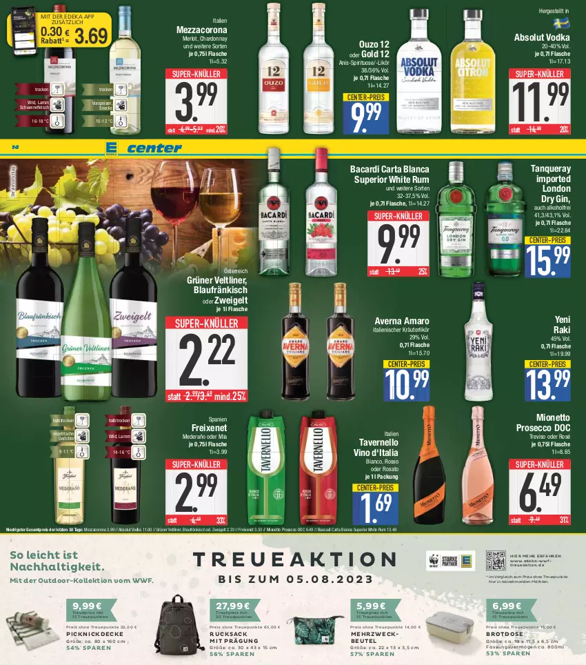 Aktueller Prospekt E Center - Angebote der Woche - von 19.06 bis 24.06.2023 - strona 14 - produkty: Absolut Vodka, alkohol, amaro, averna, bacardi, beutel, brot, Brotdose, chardonnay, corona, coupon, decke, deka, dry gin, ecco, eis, ente, flasche, fleisch, freixenet, gin, grüner veltliner, kräuter, kräuterlikör, lamm, likör, london dry, london dry gin, merl, merlot, mezzacorona, mionetto, nuss, ouzo, ouzo 12, picknickdecke, prosecco, reis, rosato, rucksack, rum, sac, schwein, schweine, schweinefleisch, snack, snacks, super-knüller, Tanqueray, Ti, vernel, vodka, vorspeise, weck, wein, weine, white rum, Wild, yeni raki, ZTE, Zweigelt