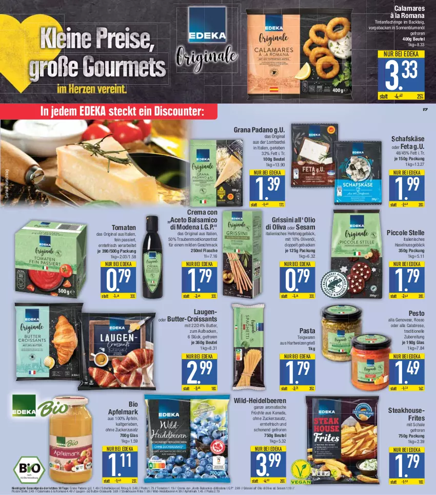 Aktueller Prospekt E Center - Angebote der Woche - von 19.06 bis 24.06.2023 - strona 17 - produkty: aceto, aceto balsamico, apfel, balsam, balsamico, beere, beeren, beutel, bio, blume, blumen, blumenöl, butter, Croissant, croissants, deka, di oliva, discount, eis, elle, feta, fisch, flasche, früchte, geback, genovese, gin, grana, grana padano, grissini, hartweizen, haselnuss, Hefe, heidelbeere, heidelbeeren, Käse, mac, Mode, nuss, olive, oliven, olivenöl, padano, pasta, pesto, Rana, reis, ring, schafskäse, Schal, Schale, sesam, sonnenblume, sonnenblumen, sonnenblumenöl, steak, teigwaren, Ti, Tintenfischringe, tisch, tomate, tomaten, trauben, Wild, ZTE, zucker