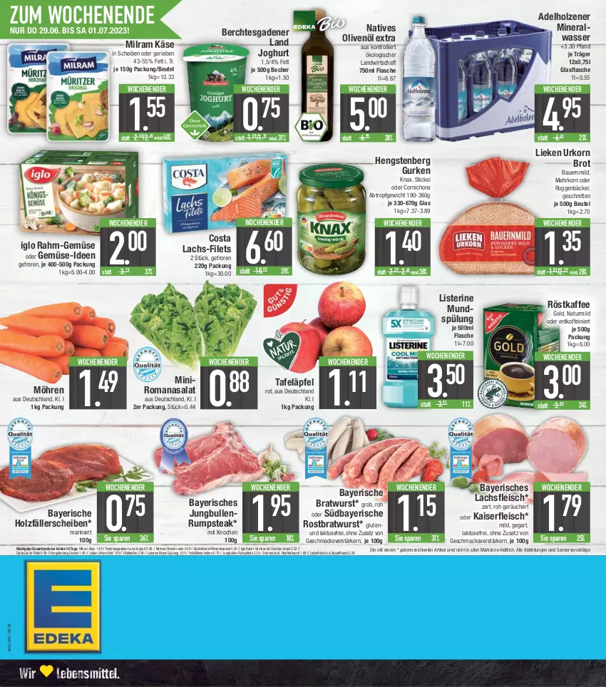 Aktueller Prospekt E Center - Angebote der Woche - von 19.06 bis 24.06.2023 - strona 20 - produkty: adelholzener, Alwa, auer, Bau, Bauer, Becher, beutel, bratwurst, brot, eis, filet, filets, flasche, fleisch, glasflasche, gurke, gurken, hengstenberg, Hengstenberg Gurken, Holz, iglo, joghur, joghurt, jungbullen, kaffee, Kaiser, Käse, korn, lachs, lebensmittel, lieken, listerine, mac, milram, mineralwasser, möhren, mundspülung, natives olivenöl, natur, olive, oliven, olivenöl, olivenöl extra, rahm-gemüse, reis, Romanasalat, rostbratwurst, röstkaffee, rum, rumpsteak, salat, schnitten, spülung, steak, tafeläpfel, Ti, trolli, urkorn, wasser, wurst, ZTE