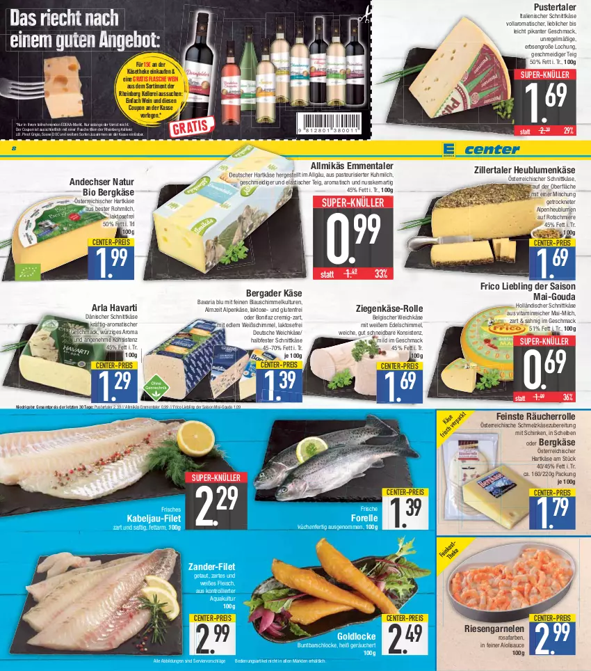 Aktueller Prospekt E Center - Angebote der Woche - von 19.06 bis 24.06.2023 - strona 8 - produkty: aioli, Allmikäs, andechser natur, angebot, aqua, arla, asti, bavaria blu, bergader, Bergkäse, bio, blume, blumen, coupon, dänischer schnittkäse, deka, eis, elle, emmentaler, ente, erbsen, filet, flasche, fleisch, forelle, frico, garnelen, gouda, halbfester schnittkäse, hartkäse, Heu, holländischer schnittkäse, Käse, käsetheke, küche, Küchen, LG, mac, milch, natur, nuss, österreichischer schnittkäse, Pinot, pinot grigio, Räucherrolle, reis, rel, Ria, riesengarnelen, saft, sauce, schinken, Schmelzkäse, schmelzkäsezubereitung, schnittkäse, super-knüller, Ti, tisch, trolli, vita, weichkäse, wein, Zander, ziegenkäse, ZTE