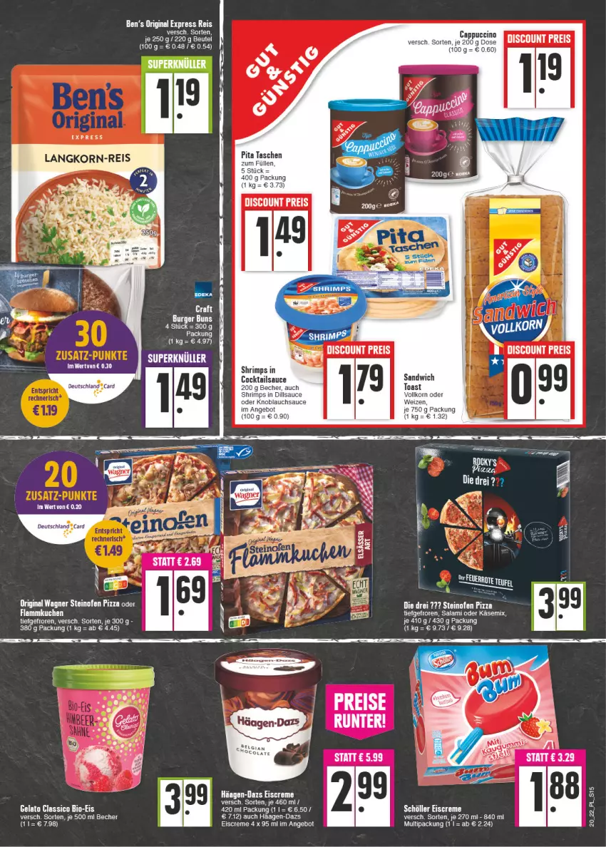 Aktueller Prospekt E Center - Angebote der Woche - von 16.05 bis 21.05.2022 - strona 15 - produkty: angebot, Becher, Ben’s Original, beutel, bio, burger, burger buns, Cap, cappuccino, cin, classico, cocktail, cocktails, creme, deutschland card, discount, eis, eiscreme, gin, häagen-dazs, Käse, knoblauch, korn, Ofen, pizza, reis, salami, sandwich, sauce, Schöller, steinofen, steinofen pizza, Ti, toast, wagner