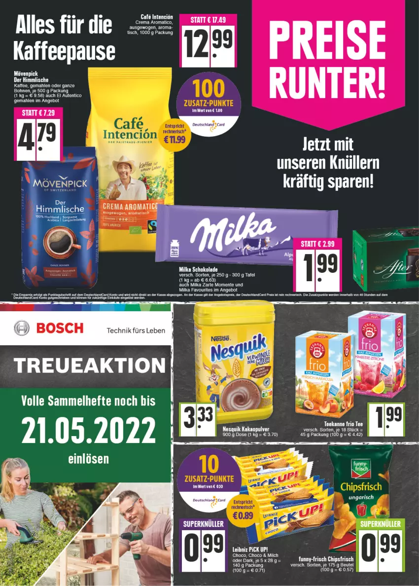 Aktueller Prospekt E Center - Angebote der Woche - von 16.05 bis 21.05.2022 - strona 16 - produkty: angebot, angebotspreis, beutel, bohne, bohnen, bosch, deutschlandcard, eis, ente, erde, kaffee, kakao, milch, milka, milka schokolade, mövenpick, nesquik, Pick Up!, reis, rel, schoko, schokolade, tee, Ti, tisch