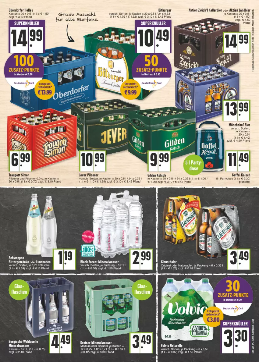 Aktueller Prospekt E Center - Angebote der Woche - von 16.05 bis 21.05.2022 - strona 19 - produkty: Alwa, aust, bier, bitburger, black forest, burger, clausthaler, deutschland card, eis, elle, flasche, getränk, getränke, gin, kellerbier, lack, limo, limonade, limonaden, mineralwasser, Mineralwasser Medium, mönchshof, natur, pils, pilsener, radler, reis, rel, sim, Sprudel, tee, Ti, volvic, Waldquelle, wasser, WICK