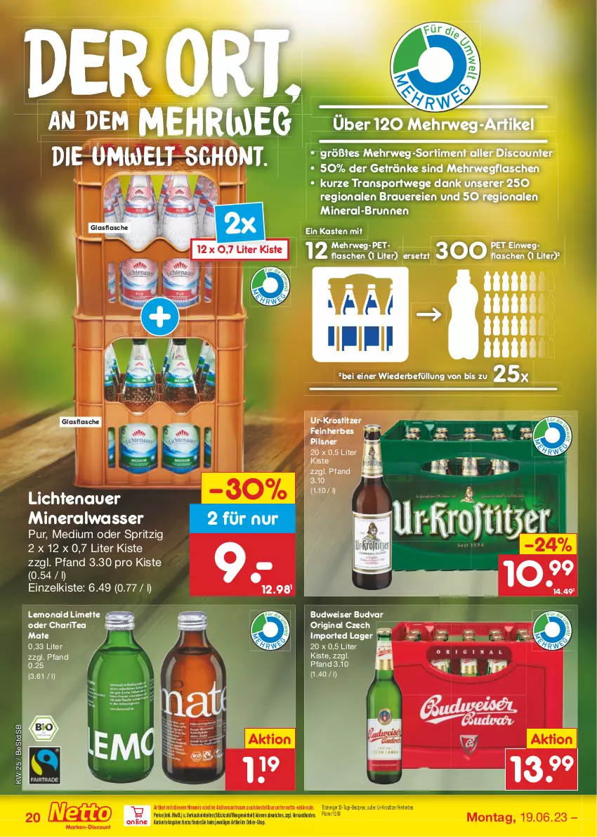 Aktueller Prospekt Netto Marken-Discount - Filial-Angebote - von 19.06 bis 24.06.2023 - strona 20 - produkty: Alwa, auer, bestpreis, brunnen, budweiser, discount, eis, flasche, getränk, getränke, gin, glasflasche, lichtenauer, limette, Mett, mineralwasser, ndk, pils, pilsner, reis, rwe, Sport, Ti, wasser