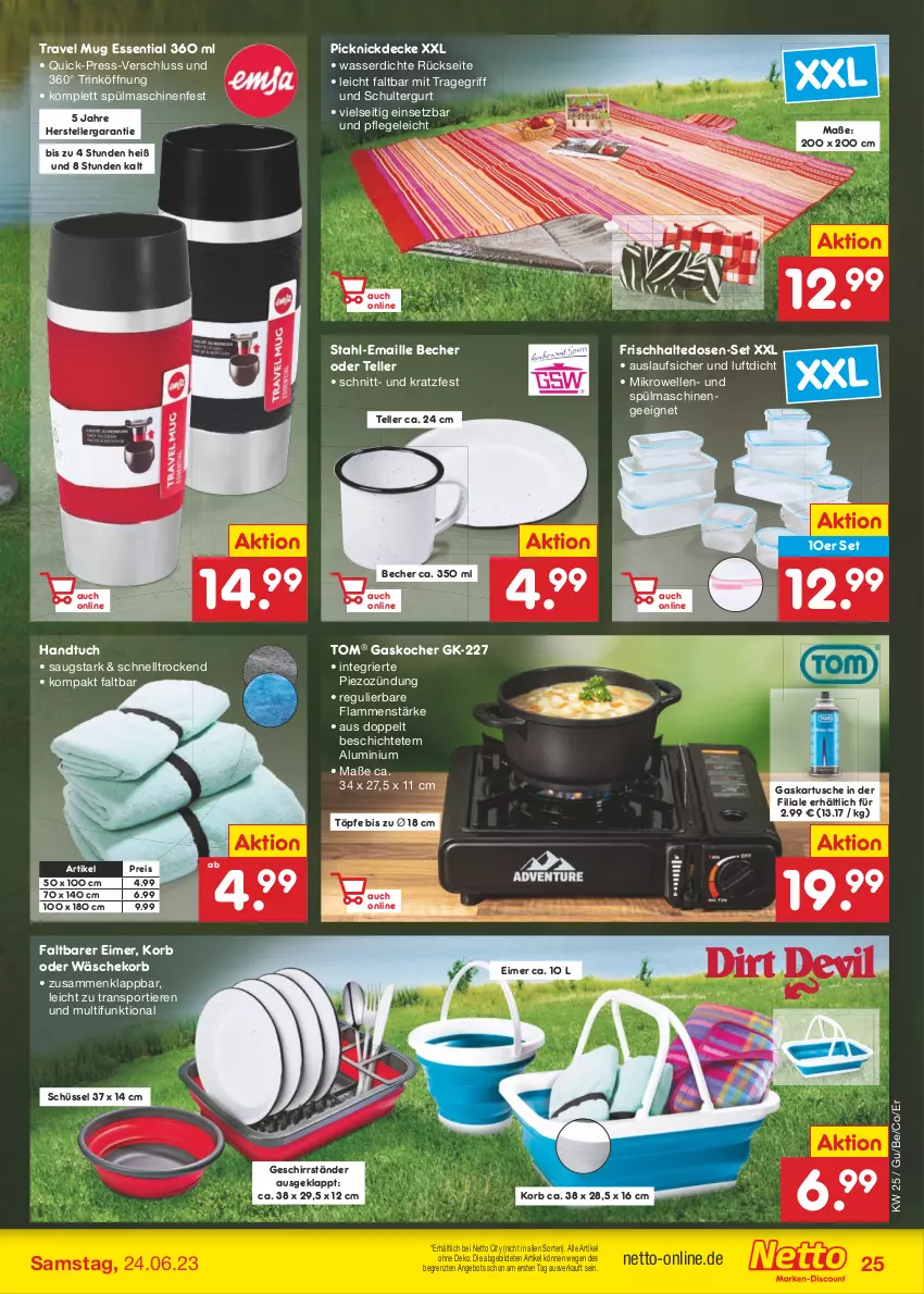 Aktueller Prospekt Netto Marken-Discount - Filial-Angebote - von 19.06 bis 24.06.2023 - strona 25 - produkty: angebot, Becher, decke, eimer, eis, elle, frischhaltedosen, geschirr, handtuch, Kocher, korb, lamm, maille, mikrowelle, picknickdecke, reis, schultergurt, schüssel, Sport, spülmaschinen, teller, Ti, Tiere, tragegriff, travel mug, tuc, wäschekorb, wasser, ZTE