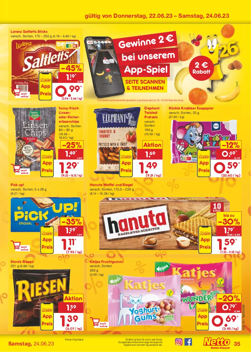 Aktueller Prospekt Netto Marken-Discount - Filial-Angebote - von 19.06 bis 24.06.2023 - strona 35 - produkty: angebot, bestpreis, chips, coupon, eis, erbsen, frucht, fruchtgummi, funny-frisch, hanuta, katjes, kichererbsen, linsen, lorenz, papier, Pick Up!, Pretzel, reis, riegel, saltletts, storck, Ti, ZTE