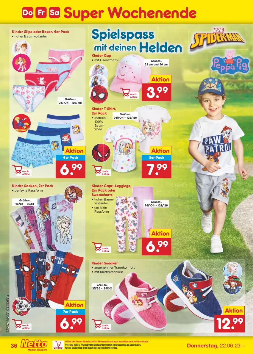 Aktueller Prospekt Netto Marken-Discount - Filial-Angebote - von 19.06 bis 24.06.2023 - strona 36 - produkty: Bau, baumwolle, Cap, eis, gin, Kinder, leggings, ndk, reis, Ria, shirt, shorts, slip, slips, sneaker, socken, sweatshorts, T-Shirt, Ti, wolle