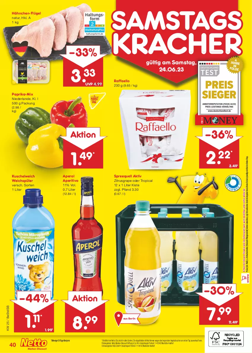 Aktueller Prospekt Netto Marken-Discount - Filial-Angebote - von 19.06 bis 24.06.2023 - strona 40 - produkty: angebot, angebote, aperol, bestpreis, discount, eis, Holz, kracher, Kuschelweich, marken-discount, natur, ndk, paprika, raffaello, reis, Spreequell, Ti, weichspüler, ZTE