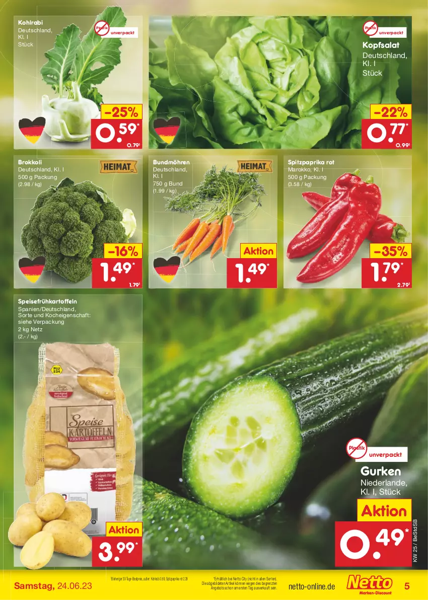 Aktueller Prospekt Netto Marken-Discount - Filial-Angebote - von 19.06 bis 24.06.2023 - strona 5 - produkty: angebot, asti, bestpreis, brokkoli, Bundmöhren, eis, Frühkartoffeln, gurke, gurken, kartoffel, kartoffeln, kohlrabi, kopfsalat, möhren, paprika, paprika rot, reis, salat, speisefrühkartoffeln, Spitzpaprika, Ti, ZTE